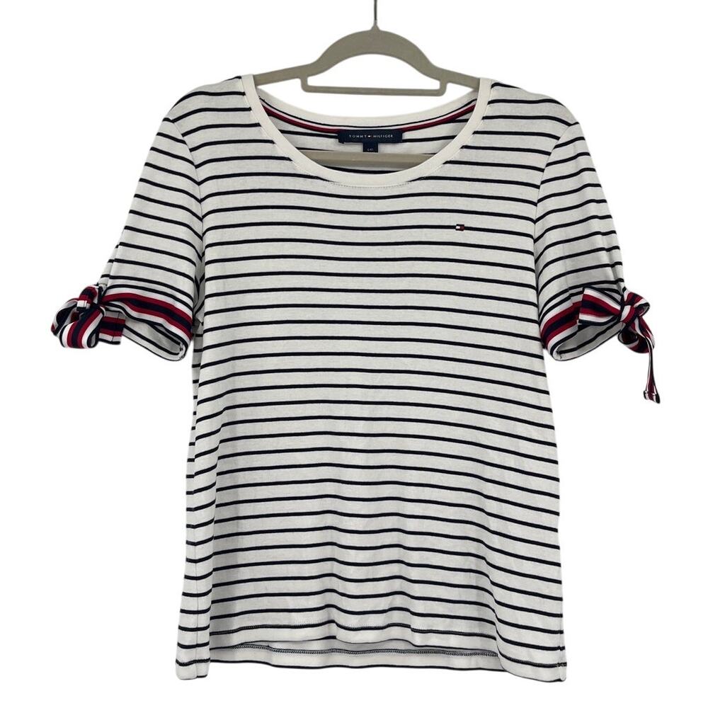 Tommy Hilfiger Stripe Short Sleeve Womens Top Sz L Tie Sleeve Nautical Patriotic